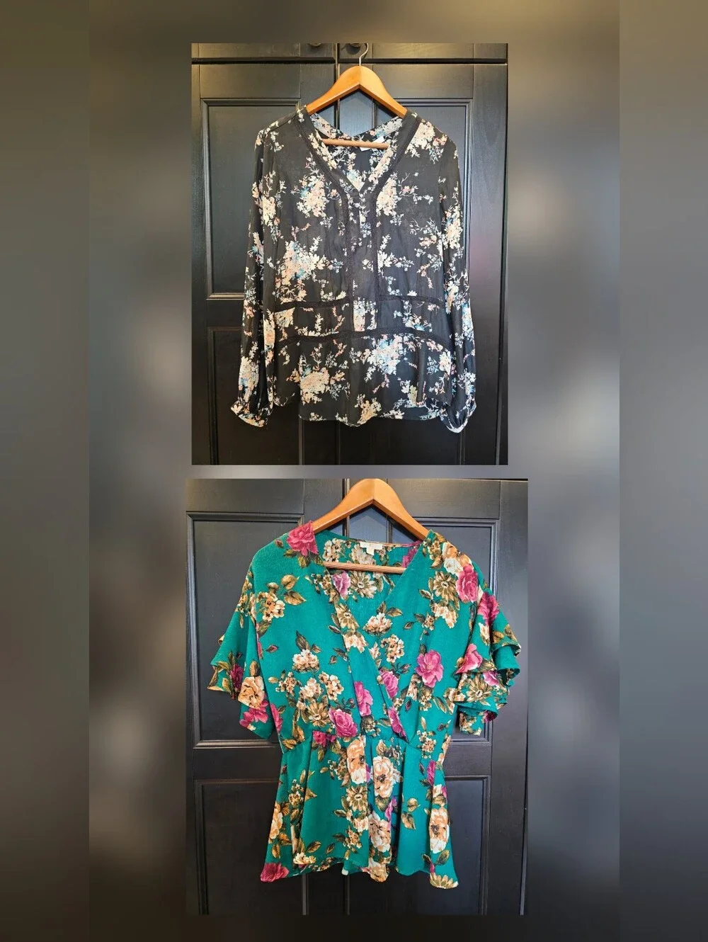 Set Of Two Flowy Floral Women's Tops- Black And Blue Green- Medium
